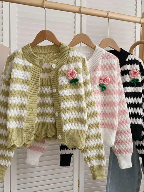 Two Piece Fashion Striped Floral Sweet Knitted Tank Top With Cardigan
